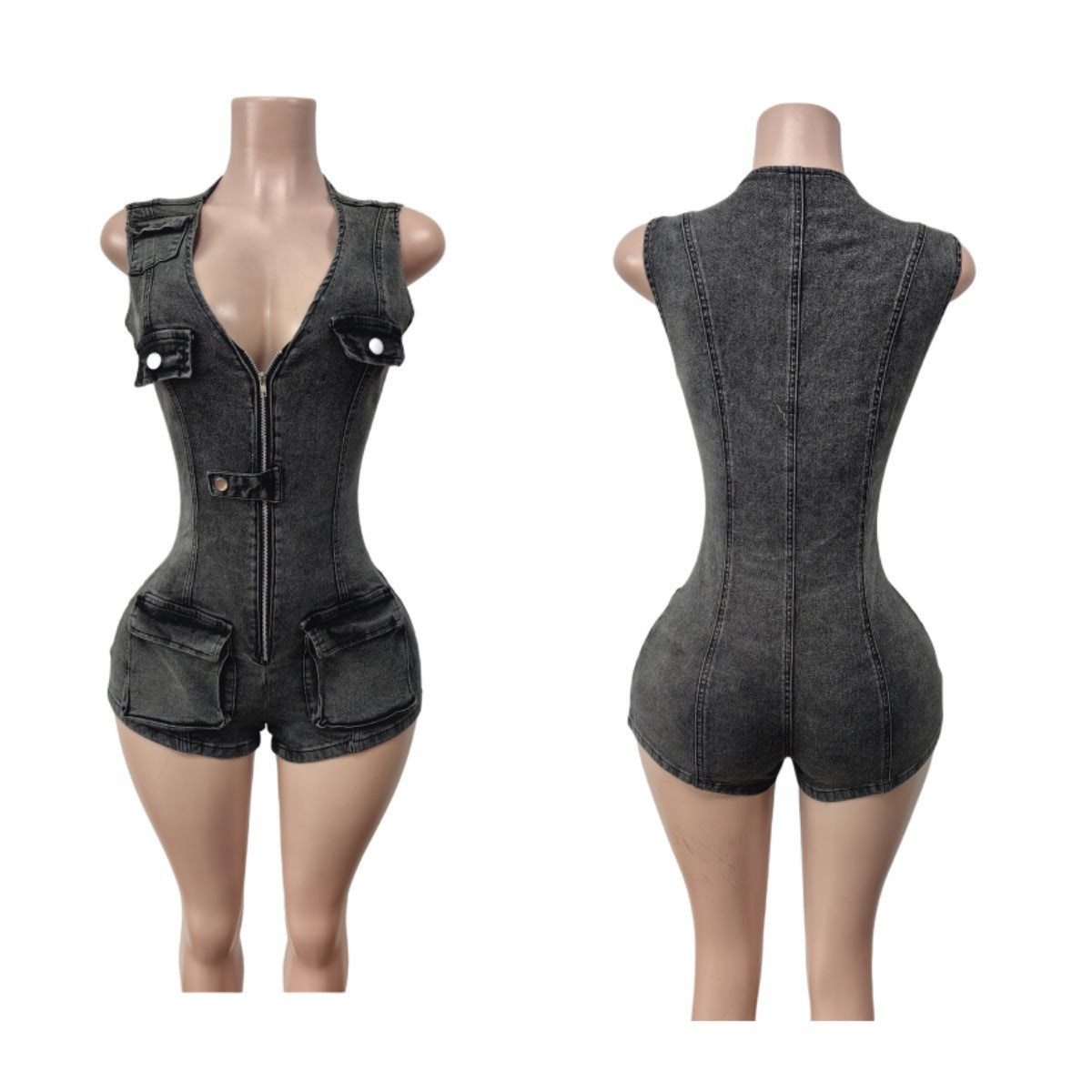 Backless Denim Shorts - Slim Fit Elastic Waist Short Jumpsuit