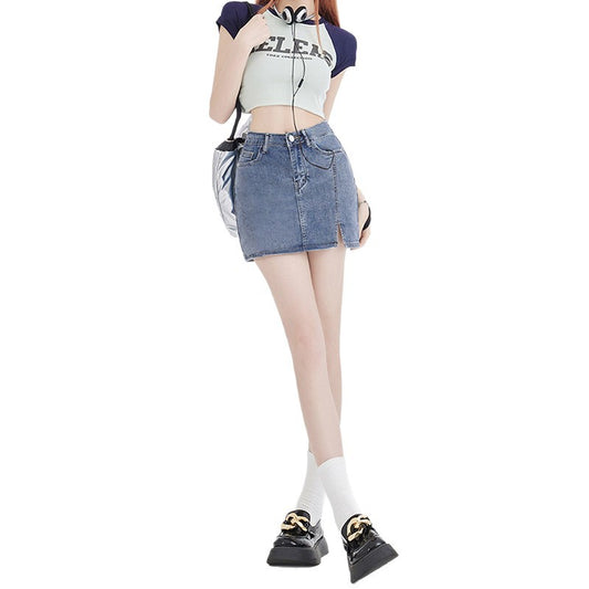 Simple Commuting Korean Style Slim Casual Versatile Pencil Denim Skirt for Women