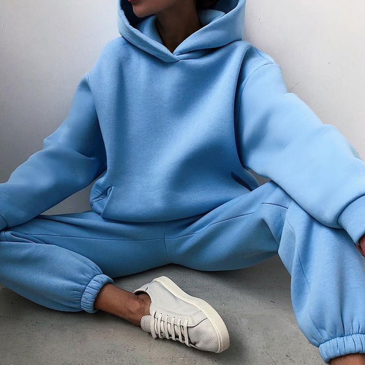 Women's Spring Hooded Set Solid Color Casual  Sports Sweatshirt Set
