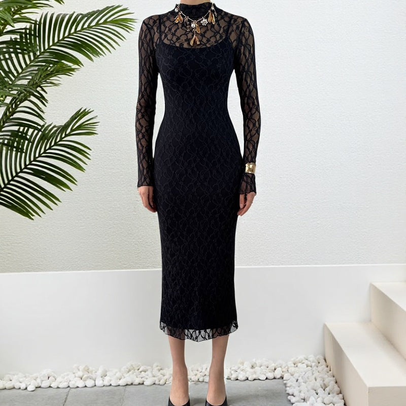 Sexy Mesh Hollow-out Long Sleeve Strap Dress Set
