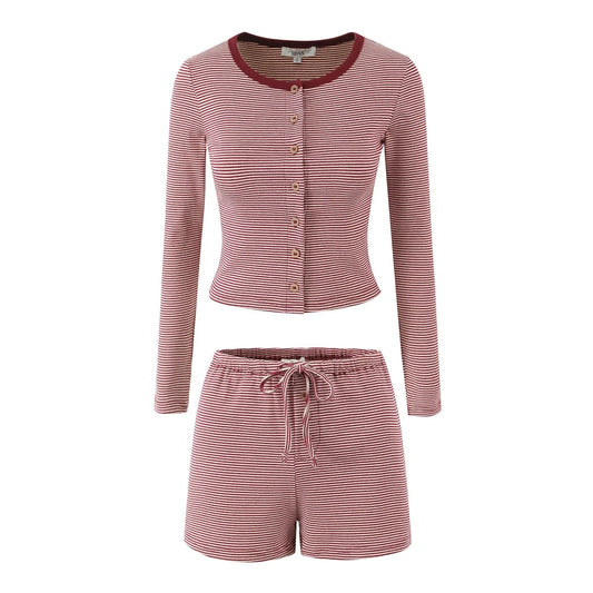 Two piece set of contrasting striped long sleeved T-shirt and low waisted drawstring tied shorts