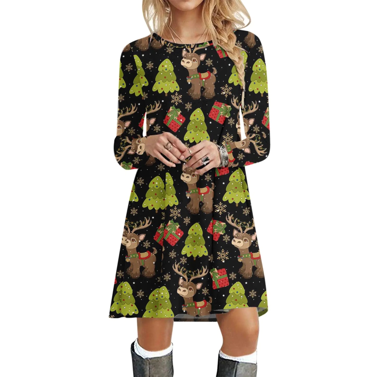 Casual Printed Christmas Long Sleeve Crewneck Dress