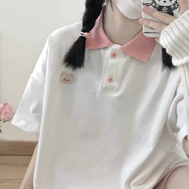 Casual Loose Short Sleeve Cartoon Bear Print Shirt