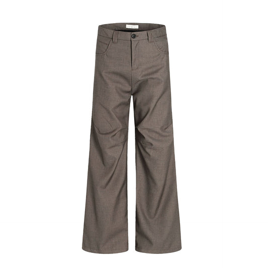 Flared Brown Trousers with Pleated Retro Design Loose Fit Casual Slim Long Pants