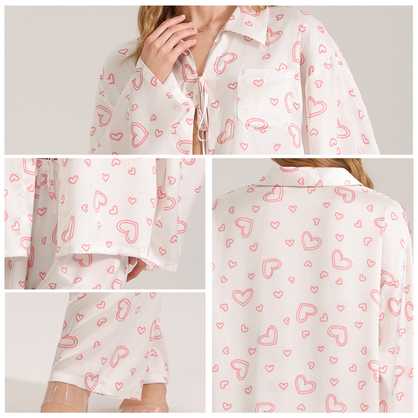 Three-Piece Pajama Set with Heart Print - Strap Top, Long Sleeve, and Long Pants for Women