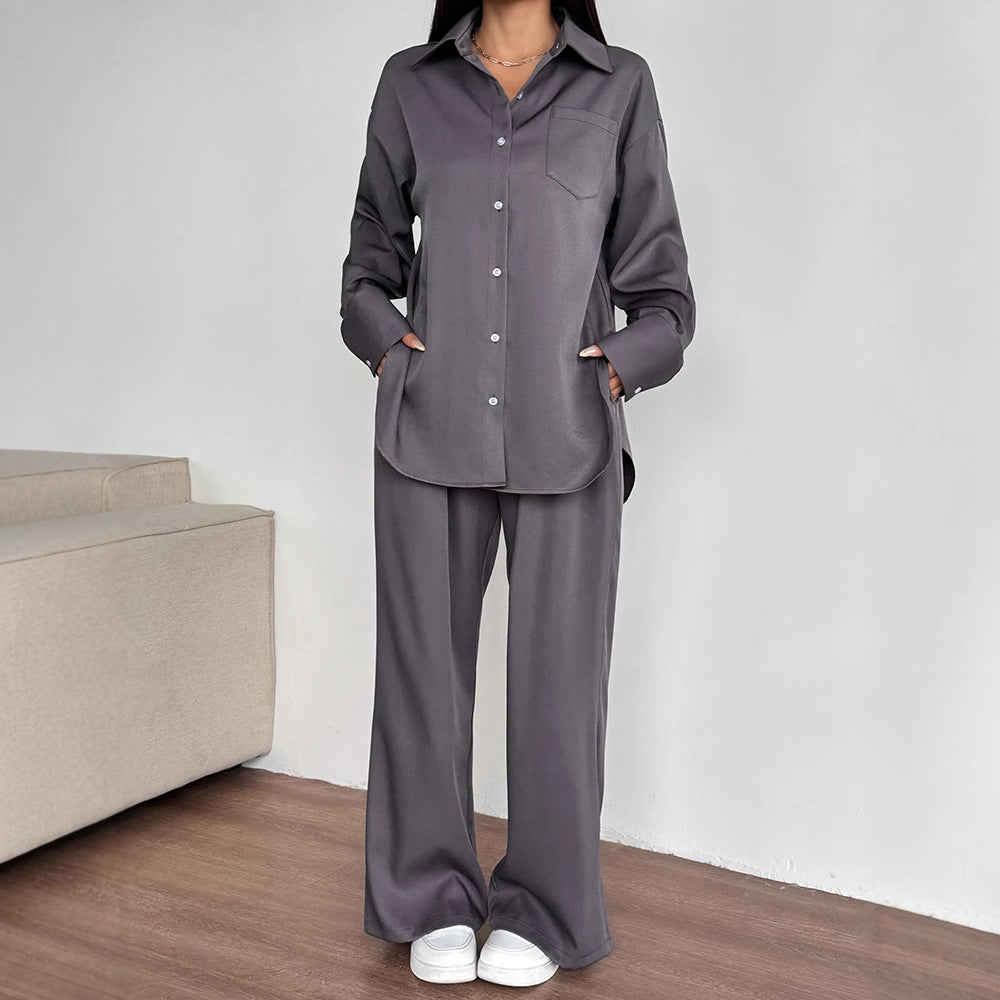 Two-Piece Set Button-Down Collar Top Loose Fit Comfortable Wide-Leg Long Pants