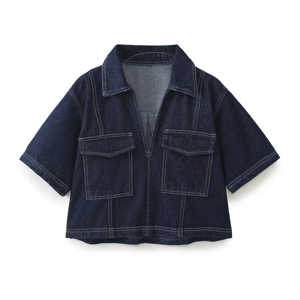Women's Fashion Denim Short Sleeve Top + Double-breasted Denim Skirt Set