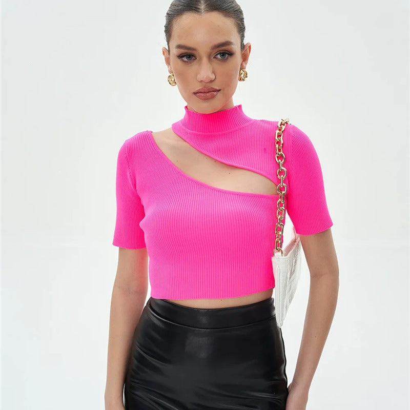 Hollow out short sleeved knitted sweater