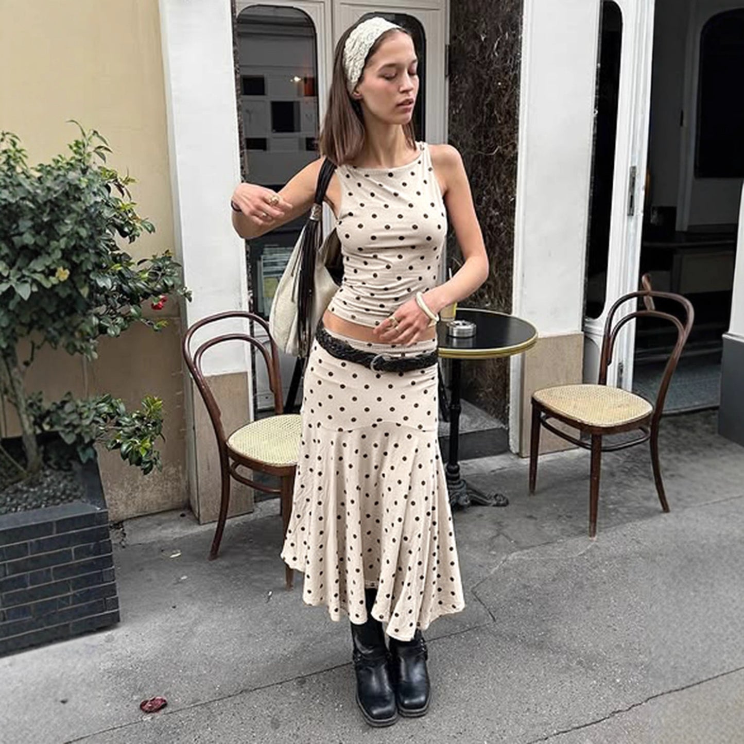 Elegant Polka Dot Sleeveless Short Top Set with Waist-Cinching Bodycon Figure-Flattering Mermaid Long Skirt