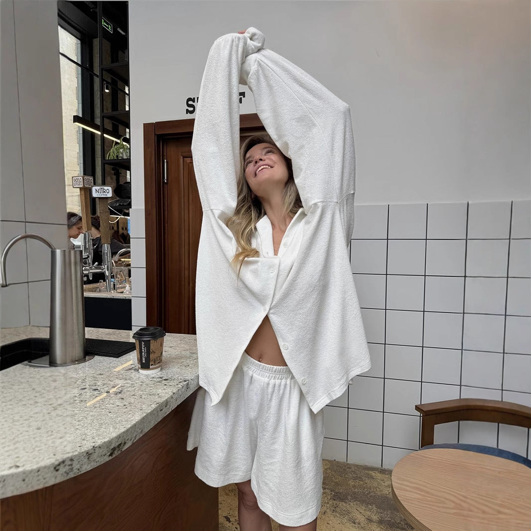 Elegant and Simple White Blouse Cardigan Long Sleeve Terry Cloth Two-Piece Set Loose and Comfortable Women's Loungewear