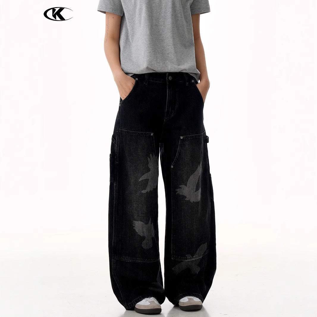 Jeans with Pigeon Pattern for Men and Women, Loose Fit Wide Leg Trousers