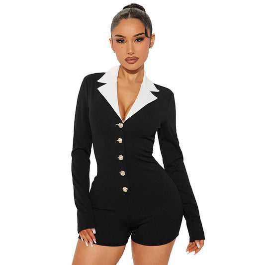 Rose metal button lapel long sleeved tight shorts jumpsuit