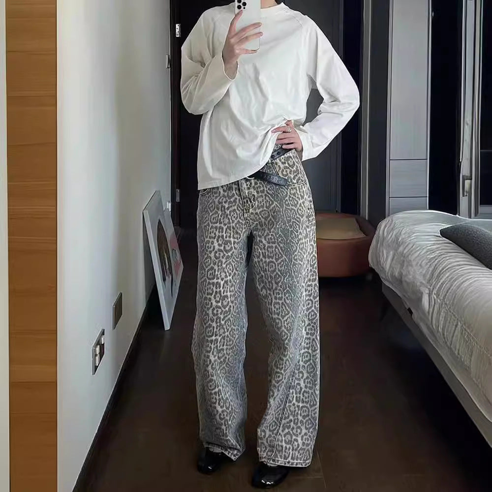 Retro Leopard Print Denim Pants Street Hip Hop Beige Straight Wide Leg High Waist Loose Denim Pants for Women