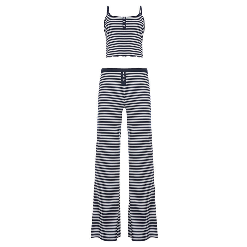 Home Stripe Casual Suit Button Short Crop Top Low Waist Navel-Exposed Slightly Spicy Long Pants