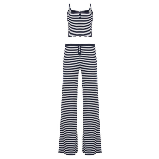 Home Stripe Casual Suit Button Short Crop Top Low Waist Navel-Exposed Slightly Spicy Long Pants