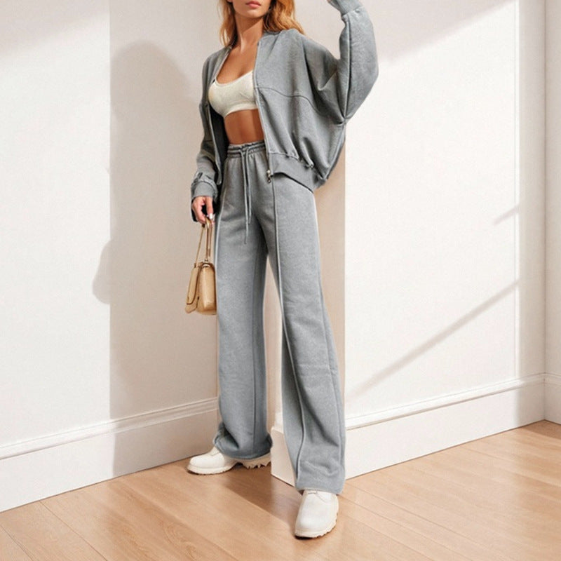 Pure Color Zipper Cardigan Women's  Casual Spring Women's Set