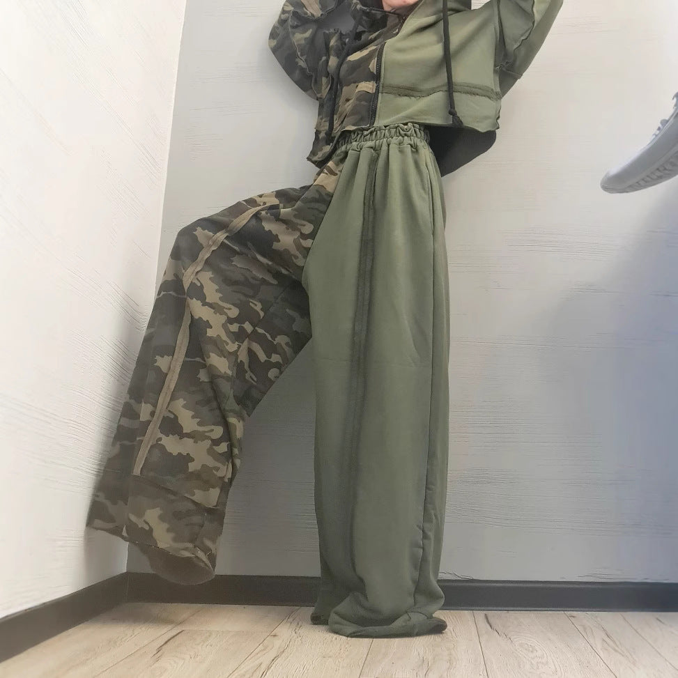 Loose long sleeved sweatshirt zipper jacket camouflage splicing casual pants set