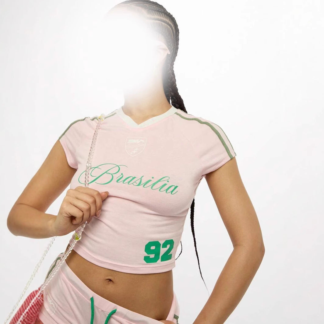 Summer New Street Style Slim Short Crop Letter Print Design Exposed Navel Slim Women's T-shirt