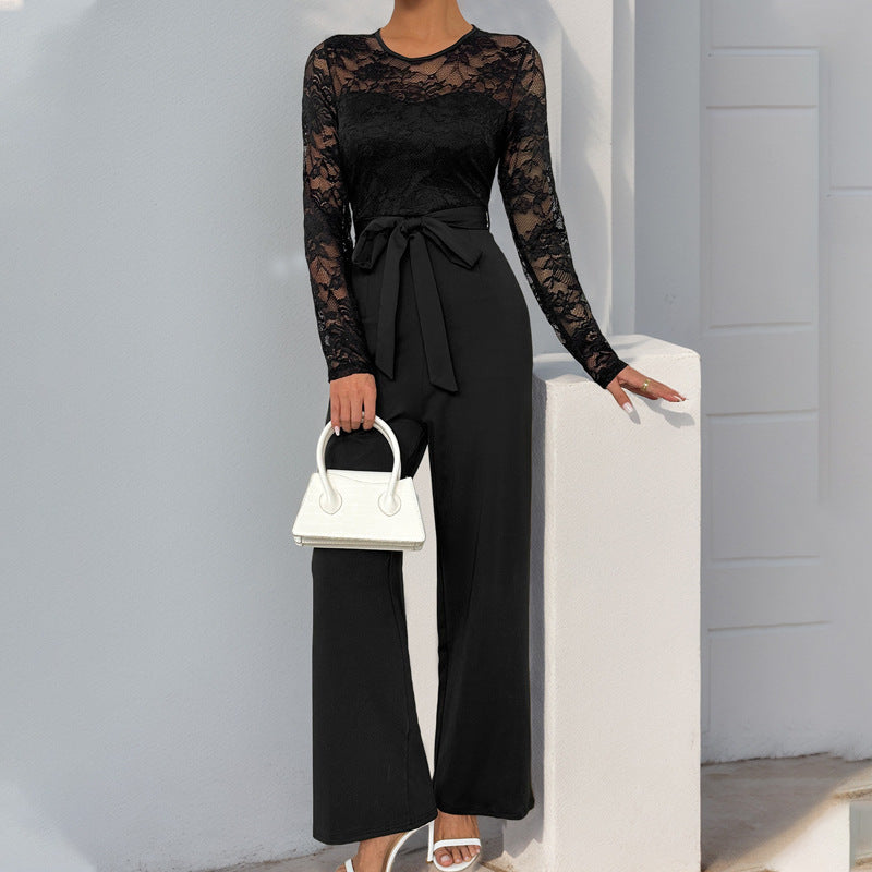 Elegant Lace Splicing Commuter Belted Jumpsuit
