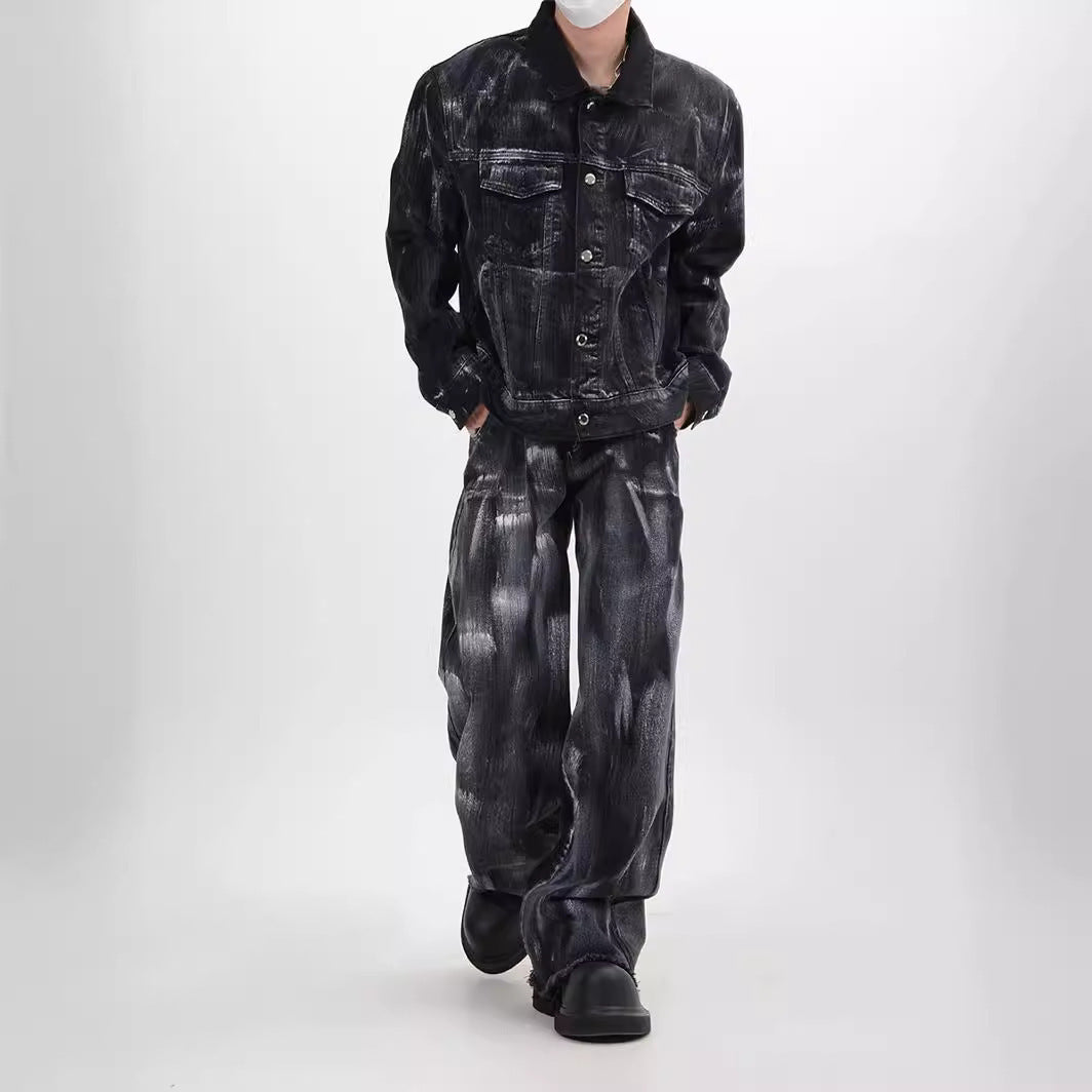 Unique Washed Vintage Denim Splatter Ink Suit Design Loose Jacket Top for Men and Women