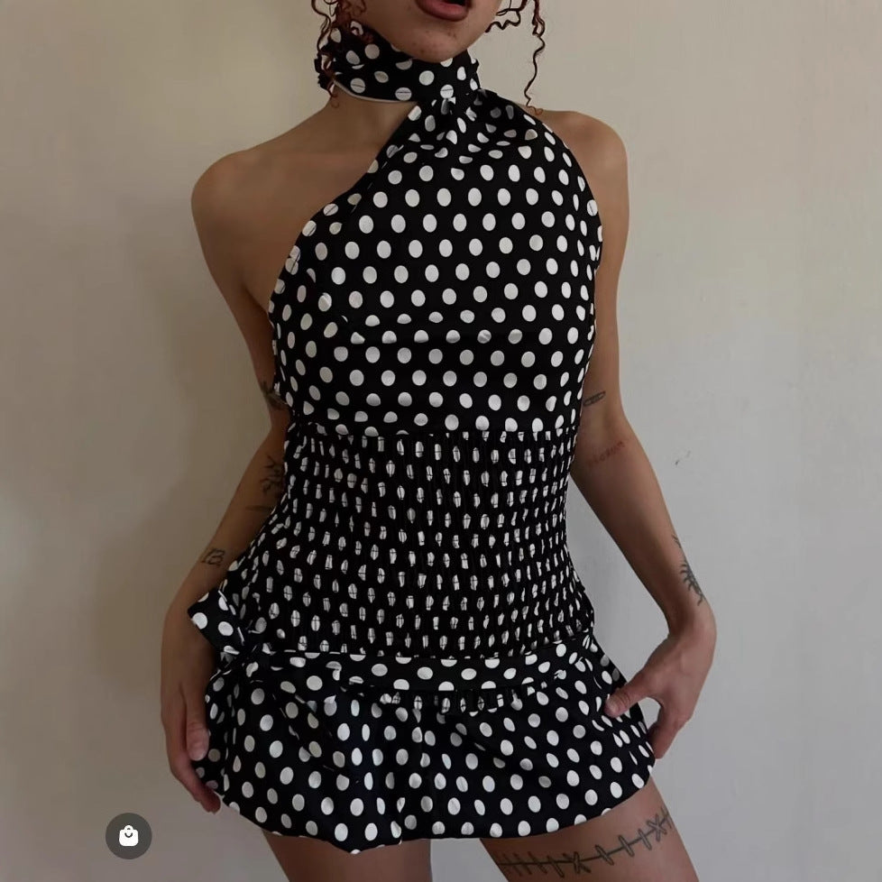 Women's Fashion Sexy Halter Polka Dot Tied Top + Skirt Set