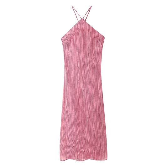 Hanging neck backless textured pink dress for women