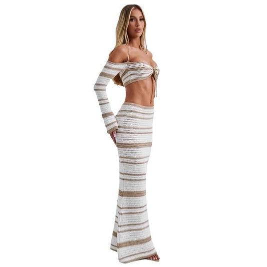 Women's Suit Summer Striped Long Sleeve Halter Top and Skirt Two-Piece Set