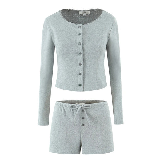 Round neck slim fit jacquard knitted top T-shirt+solid color elastic waist shorts two-piece set