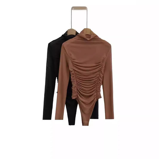 Slimming pleated high neck mesh jumpsuit