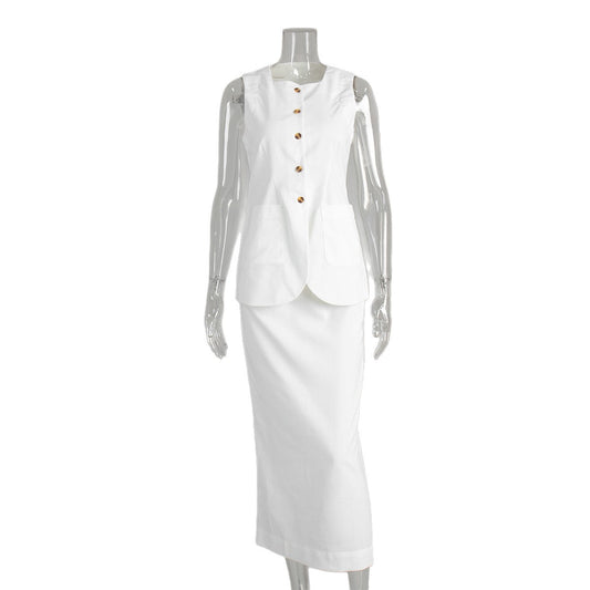 Vest High-Waist Skirt Set Linen Casual Suit for Women