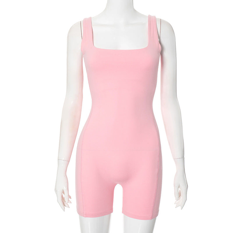 Women's Summer New Pure Color Simple Sleeveless Backless Sexy Bodycon Jumpsuit