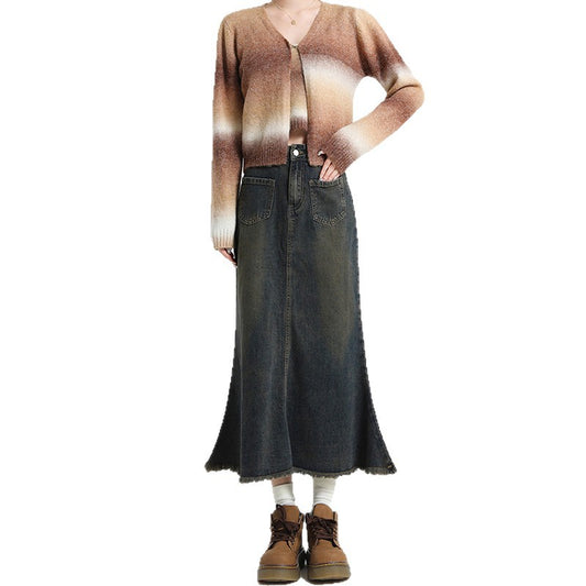 Lazy Style Versatile INS Denim Skirt Women High Waist Slimming Mid-Length A-Line Pencil Skirt