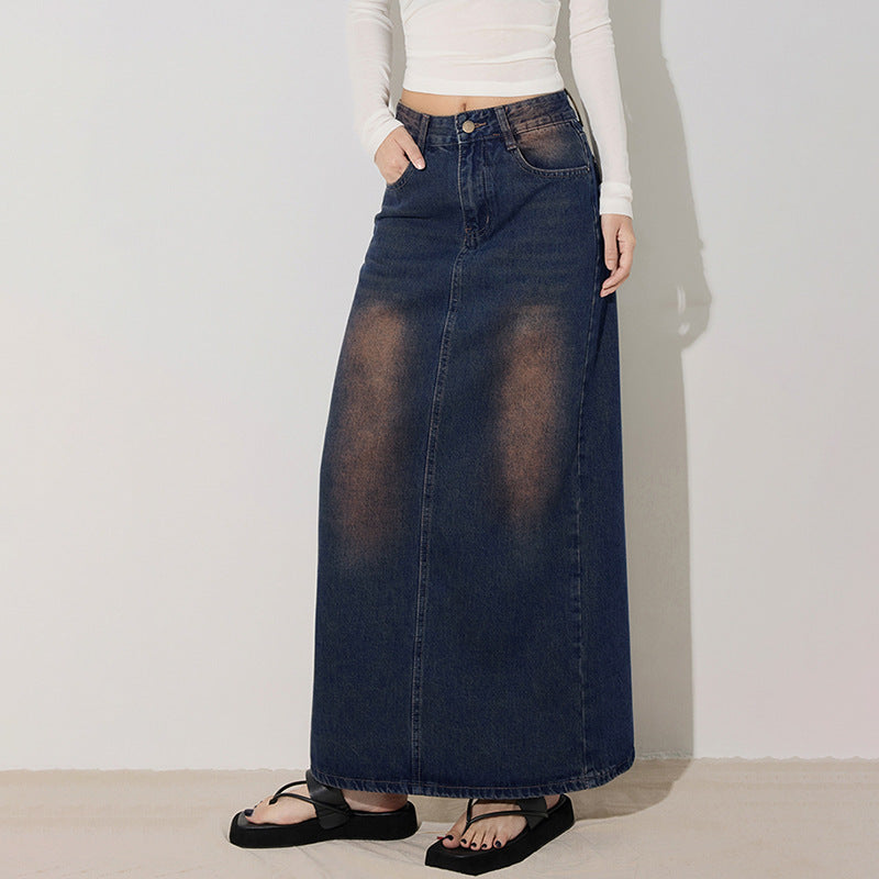 Sensational Versatile Personalized Denim Midi Skirt Women Spring  Slimming Heightening Denim Long Skirt