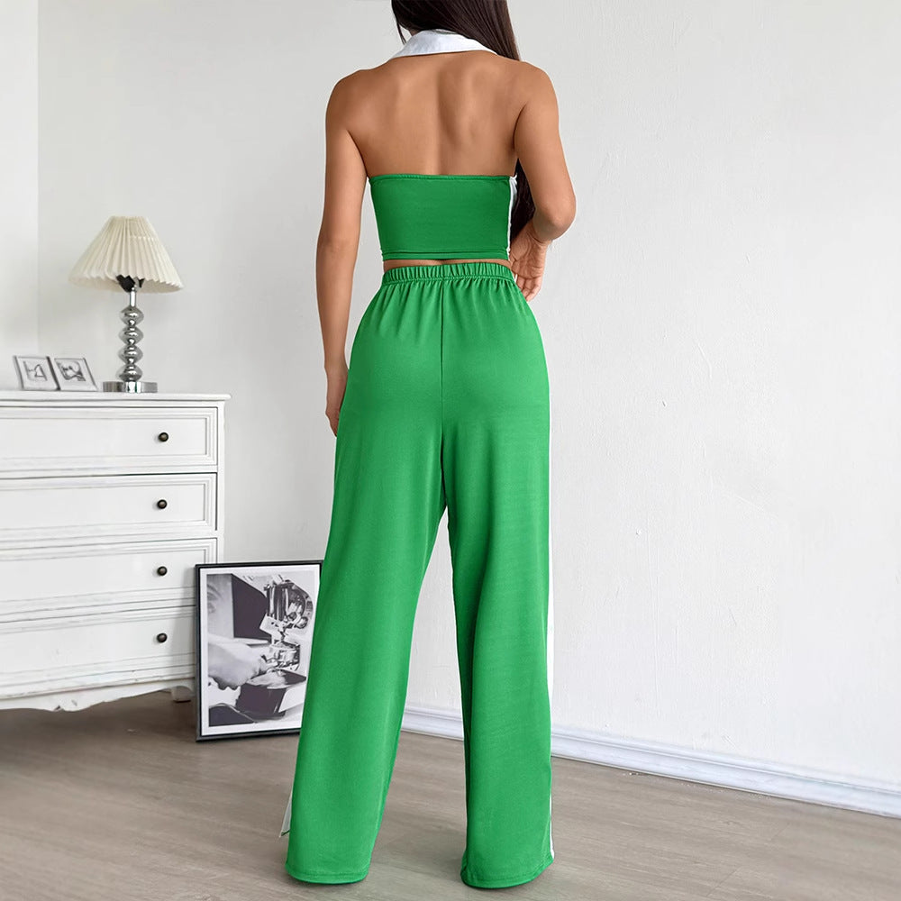 Sexy Backless Halter Top and Loose Long Pants Set