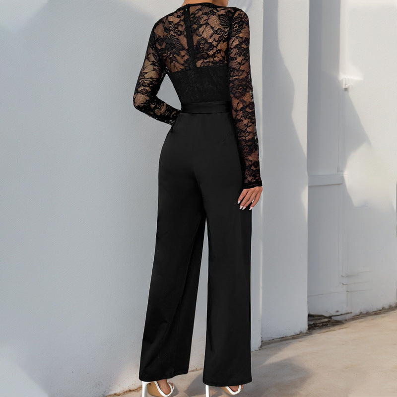 Elegant Lace Splicing Commuter Belted Jumpsuit