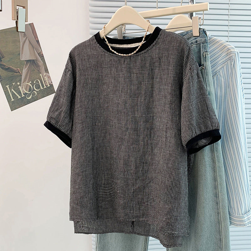 Cotton Linen Vintage Loose Casual Plaid T-Shirt + Wide Leg Shorts Two-Piece Set