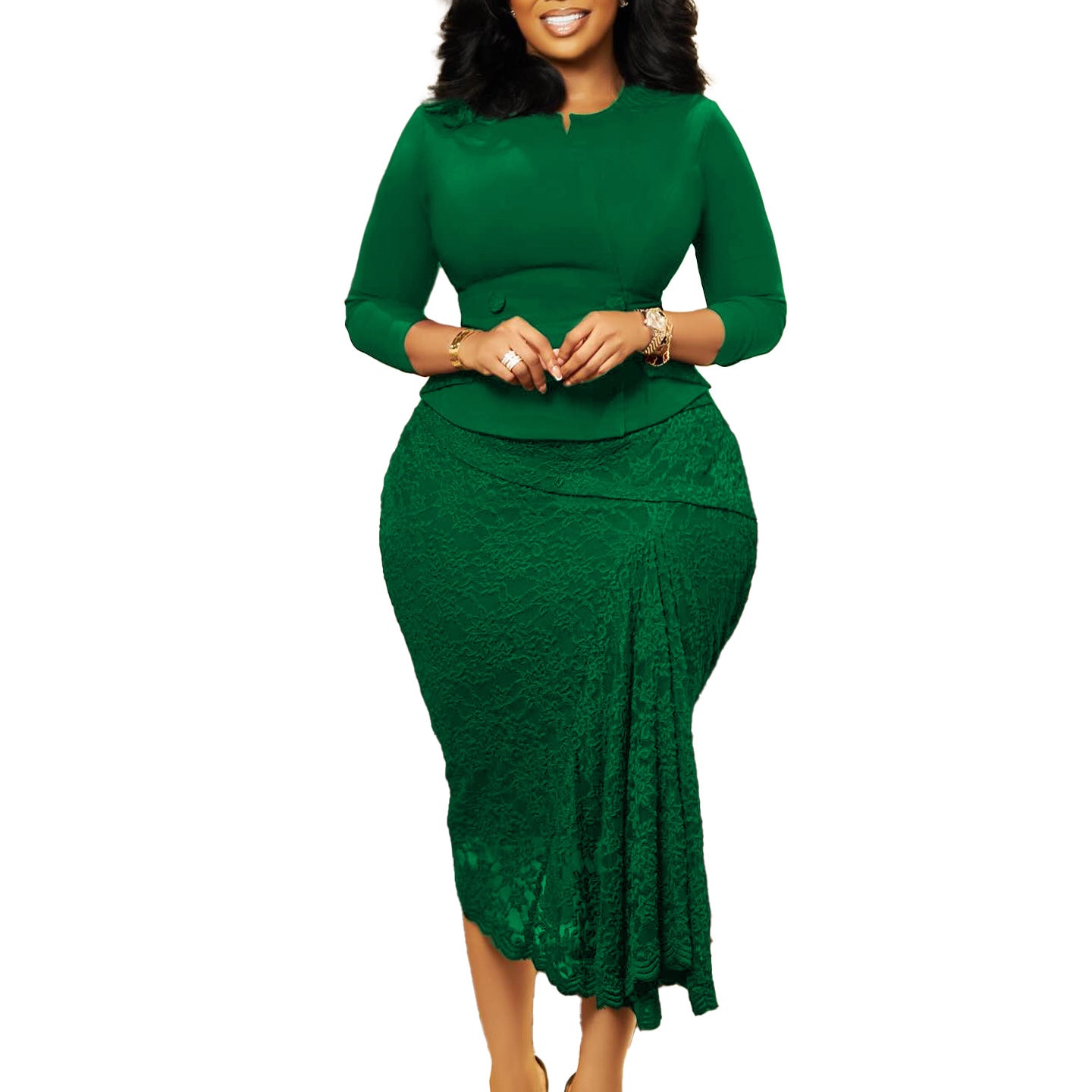 Long Sleeve Top and Lace Pencil Skirt Two-Piece Set for Women
