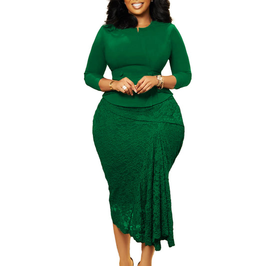 Long Sleeve Top and Lace Pencil Skirt Two-Piece Set for Women