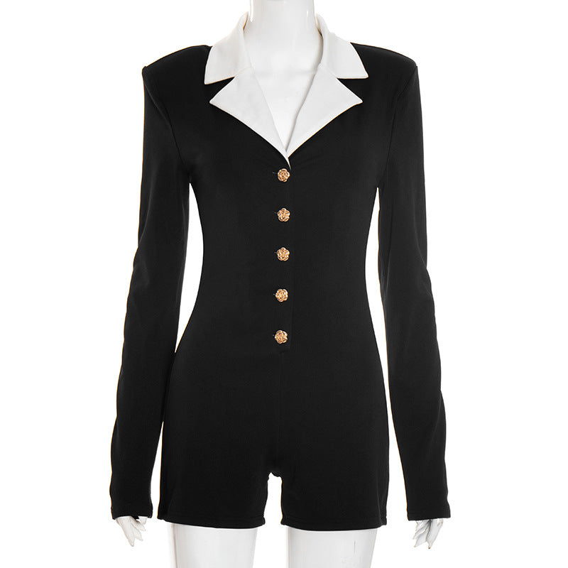 Rose metal button lapel long sleeved tight shorts jumpsuit