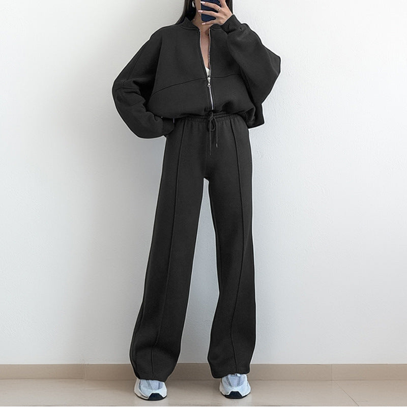 Pure Color Zipper Cardigan Women's  Casual Spring Women's Set