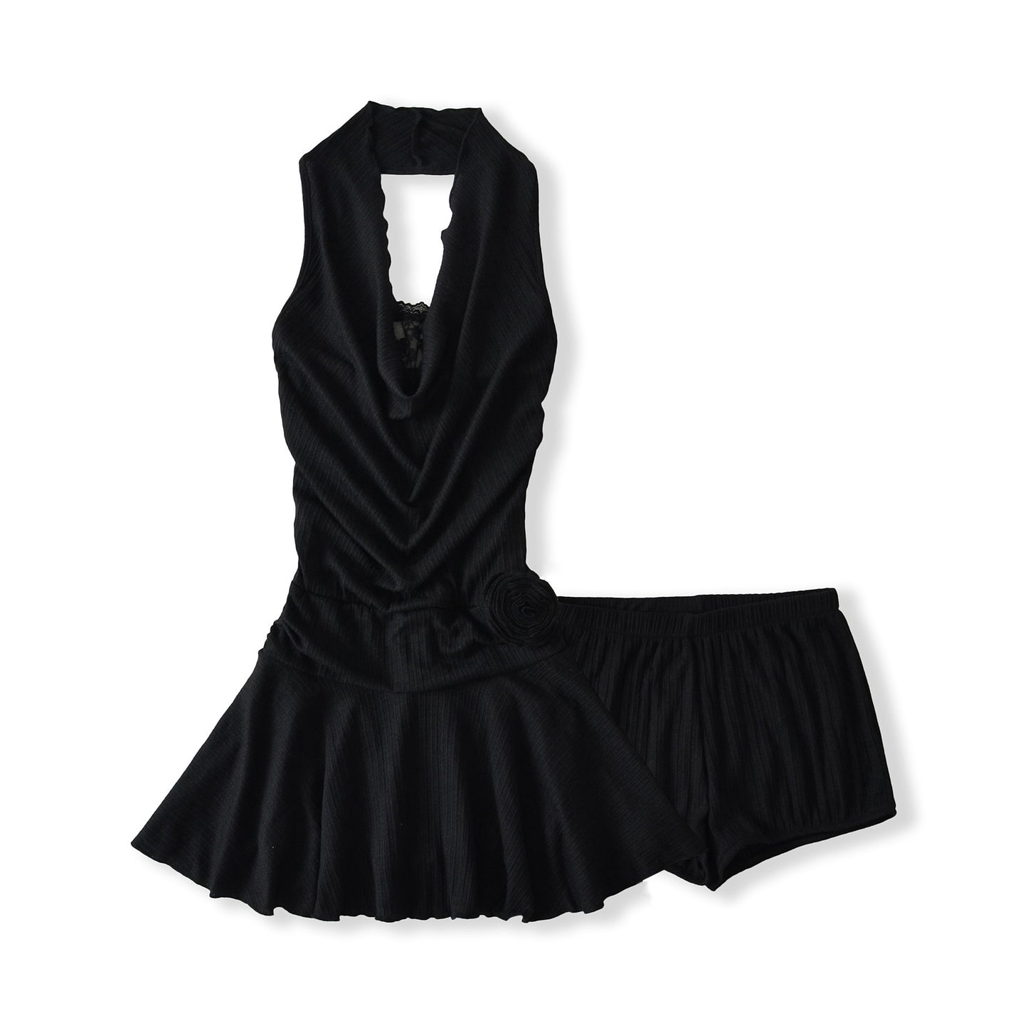 Swing collar lace two-piece waist cinching floral short dress