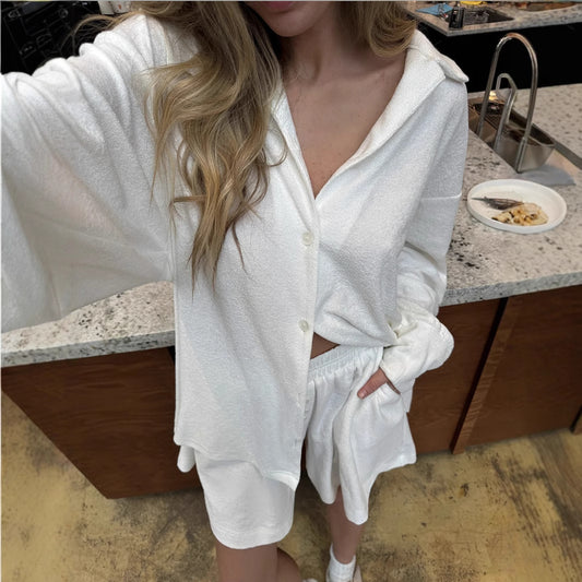 Elegant and Simple White Blouse Cardigan Long Sleeve Terry Cloth Two-Piece Set Loose and Comfortable Women's Loungewear
