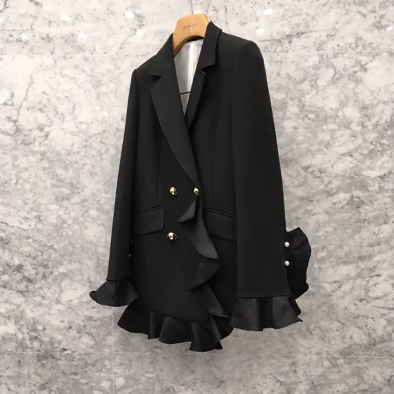Korean Style Ruffled Waist Double-Breasted Blazer