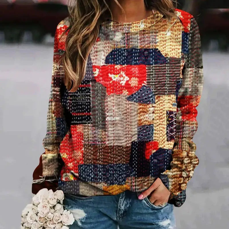 Women's Printed Patchwork Long Sleeve Raglan Sweater
