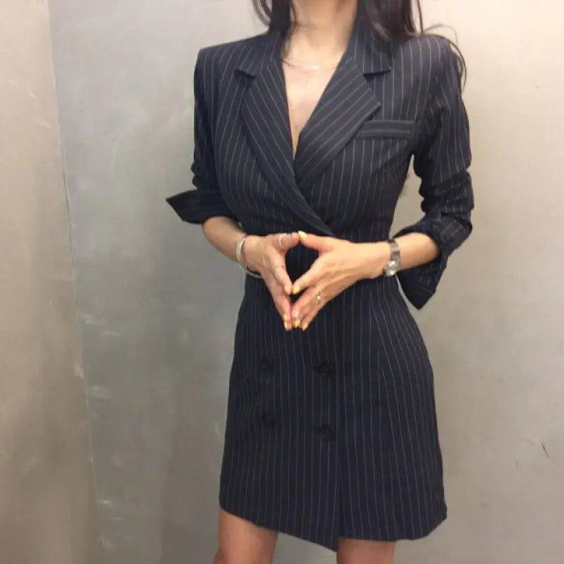 Korean Style Long Plaid Double-Breasted Dress