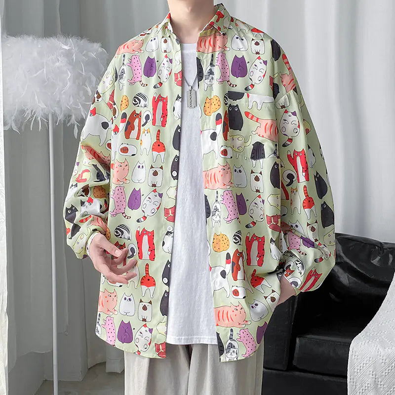Men's Retro Floral Long Sleeve Shirt - Casual Loose Fit