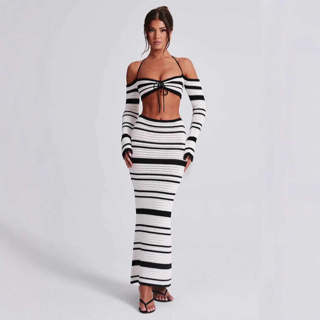 Women's Suit Summer Striped Long Sleeve Halter Top and Skirt Two-Piece Set