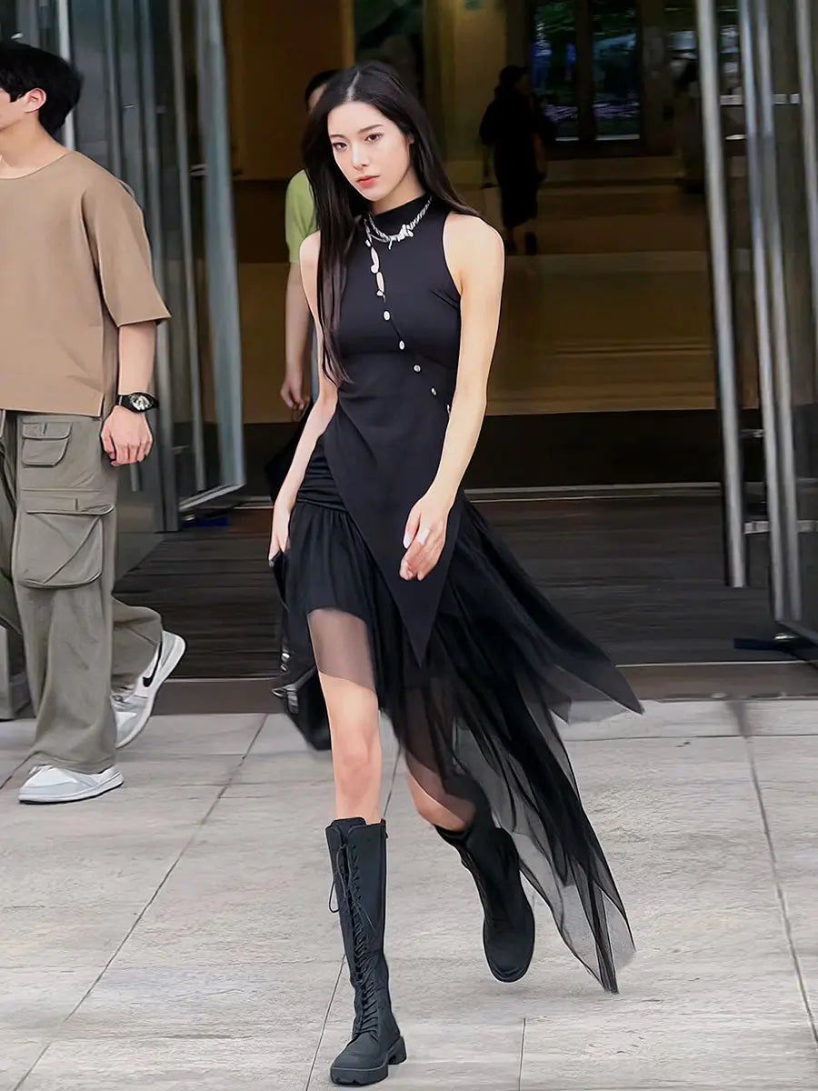 Irregular Beveled Sleeveless Chinese Vest & Mesh Skirt Set