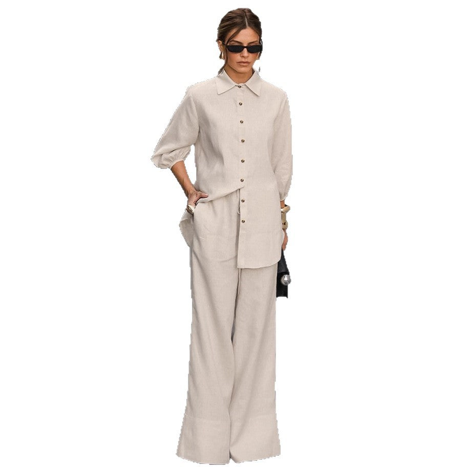 Cotton Linen Suit for Women, Elegant Loose Fit Long Sleeve Trousers Two-Piece Set