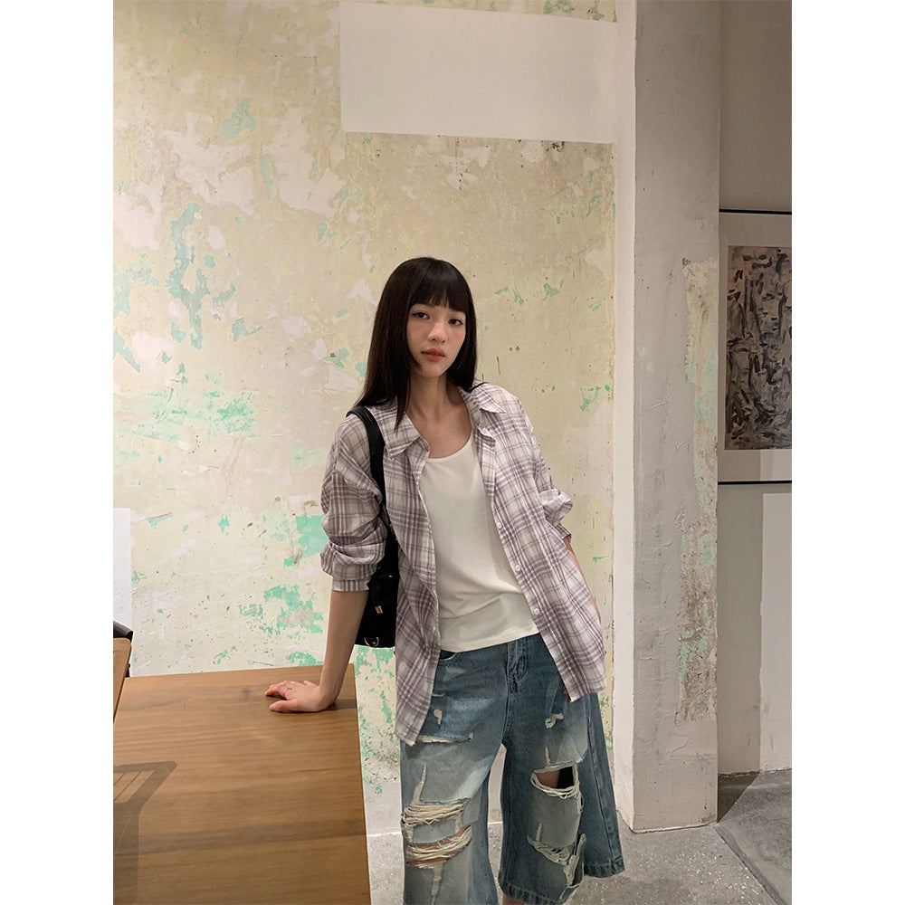 Vintage Plaid Long Sleeve Shirt + Inner Vest Stylish Top Two-Piece Set